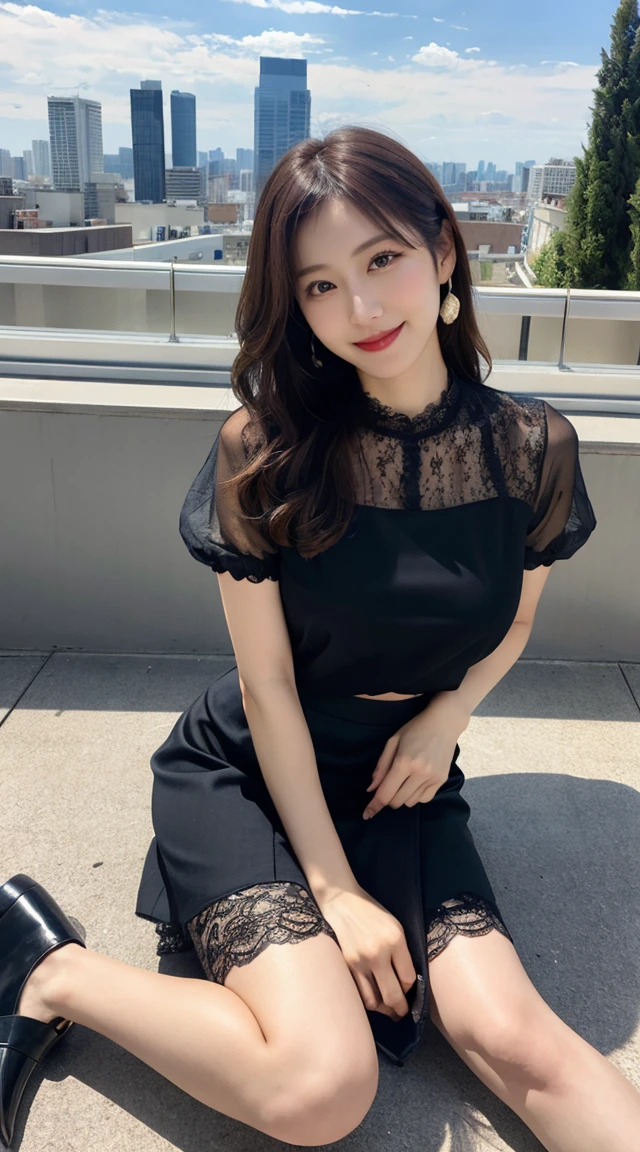 highest quality, masterpiece, 8K, ultra high resolution, (realistic: 1.4),  1 girl, beautiful face, symmetrical eyes, Japanese, smile, brown hair, perfect body proportions,  full body, smile , large breasts, high heels, wearing makeup , pantyhose, (tight laced fabric blouse), ((red lace fabric blouse)), ((silk black color skirt)), ((tight fitting skirt )), (laced short sleeve) , rooftop, sitting, crossed legs, (legs shown: 1.4)