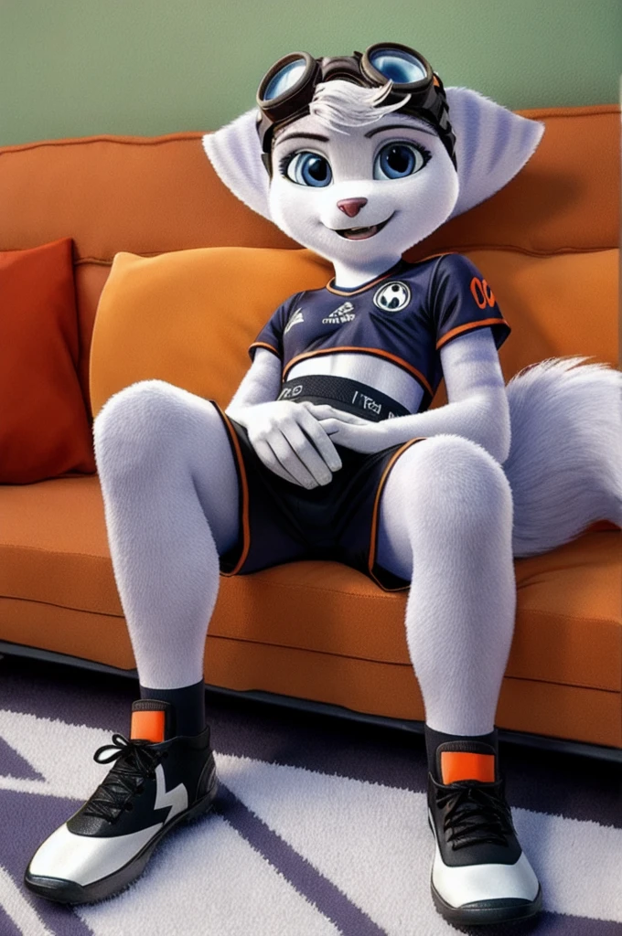 Rivet, tail, furry girl, 1girl, solo, young, (Germany soccer shorts), (Germany soccer shirt), (Germany soccer shoes), inside livingroom, on couch, detailed body fur, detailed body, detailed eyes, detailed face, athletic, skinny, high quality, masterpiece, small breasts, goggles, :D, looking at you, full body, ((stroking crotch))