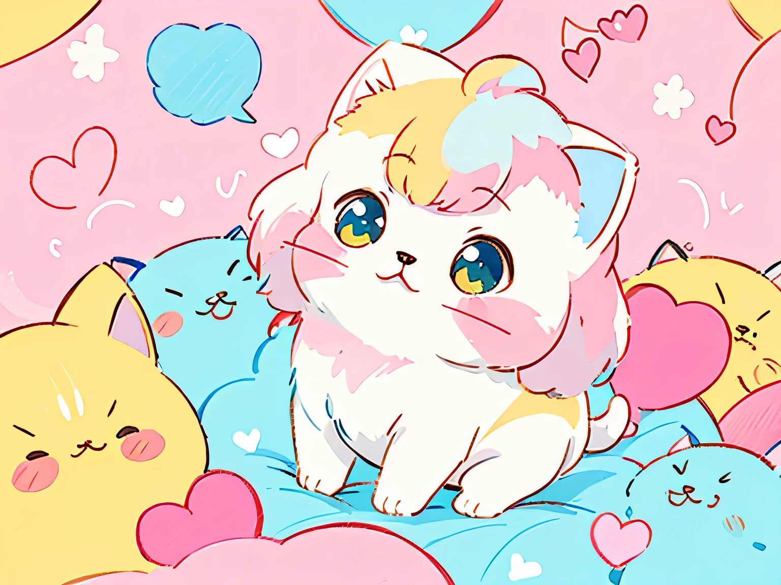 Sakura Momoko Style, Colorful illustration with lots of cute Persian kittens, central, Vibrant colors, High Detail,Colorful Hearts