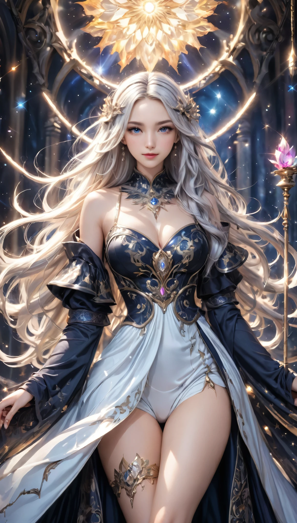 8K resolution, masterpiece, Highest quality, Award-winning works, unrealistic, From above, erotic, sole sexy lady, healthy shaped body, 22 years old, black mage, 165cm tall, huge firm bouncing busts,, white silver long wavy hair, Detailed facial depictions, Break, Mysterious blue eyes, Standard nose, Eyeliner, pink lips, sexy long legs, Clear skin, holy knight, Gothic ruffle long dress, A dress with a complex structure, Seven-colored colorful dress, Clothed in flames, Phoenix Crest, elegant, Very detailed, Delicate depiction of hair, miniature painting, Digital Painting, artステーション, コンセプトart, Smooth, Sharp focus, shape, artジャム、Greg Rutkowski、Alphonse Mucha、William Adolphe Bouguereau、art：Stephanie Law , Royal Jewel, nature, Symmetric, Greg Rutkowski, Charlie Bowwater, Unreal, Surreal, Dynamic Lighting, ファンタジーart, Complex colors, Colorful magic circle, flash, dynamic sexy poses, A kind smile, Mysterious Background, Aura, A gentle gaze, BREAK, Small faint lights and flying fireflies, night, lanthanum, 山の頂From above下界を見下ろす, Starry Sky, milky way, nebula, shooting star, God in the right hand々A sacred staff that emits a brilliant light, Back view, Looking back towards the camera,