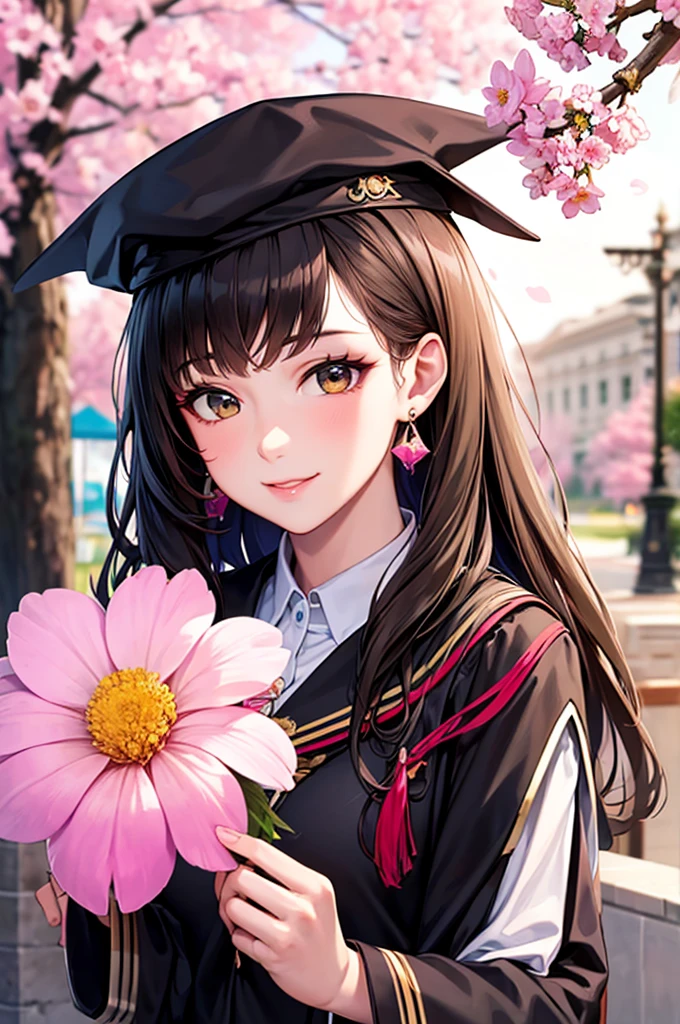 Academic Gowns, Academic Robes, Mortar Board, Square Cap, University Campus, building, cherry blossoms, smile, Two Girls, Details of ed uniform, View the viewer, (Sigma 85mm f1.4), Depth of written boundary, Bokeh, Detailed photorealistic background, Diffused natural light, Diffused, natural skin glow, Face Focus, extremely detailed, (Abstract background, Tangled, Fractal Art:1.3), (Many colors, colorful:1.1), (feather, petal, Flowers:1.3), Earrings