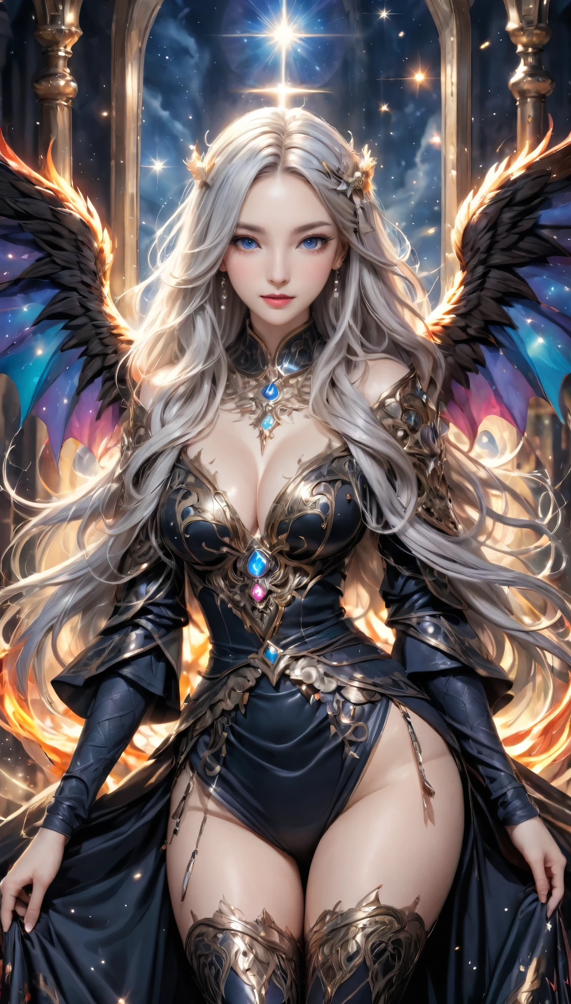 8K resolution, masterpiece, Highest quality, Award-winning works, unrealistic, From above, erotic, sole sexy lady, healthy shaped body, 22 years old, black mage, 165cm tall, huge firm bouncing busts,, white silver long wavy hair, Detailed facial depictions, Break, Mysterious blue eyes, Standard nose, Eyeliner, pink lips, sexy long legs, Clear skin, holy knight, Gothic ruffle long dress, A dress with a complex structure, Seven-colored colorful dress, Clothed in flames, Phoenix Crest, elegant, Very detailed, Delicate depiction of hair, miniature painting, Digital Painting, artステーションコンセプトart, Smooth, Sharp focus, shape, artジャム、Greg Rutkowski、Alphonse Mucha、William Adolphe Bouguereau、art：Stephanie Law , Royal Jewel, nature, Symmetric, Greg Rutkowski, Charlie Bowwater, Unreal, Surreal, Dynamic Lighting, ファンタジーart, Complex colors, Colorful magic circle, flash, dynamic sexy poses, A kind smile, Mysterious Background, Aura, A gentle gaze, BREAK, Small faint lights and flying fireflies, night, lanthanum, 山の頂From above下界を見下ろす, Starry Sky, milky way, nebula, shooting star, God in the right hand々A sacred staff that emits a brilliant light, Back view, Looking back towards the camera,