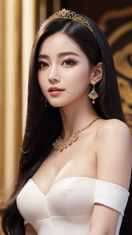 Beauty,((masterpiece)),((Highest quality)),((8K)),((Ultra high definition)),((high resolution)),((detailed)),((Perfect body)),((Perfect Face)),Beauty、Shiny Hair、Slanted Eyes、((Very heavy makeup:1.2))、Glowing Skin、Very white skin、Glowing Skin、Jet Black Hair、Long Hair、Very long black hair、Beautiful and detailed、smile、21 years old、((エジプトのView of the Royal Palace:1.3))、View of the Royal Palace、Concubine、((王Concubineの髪飾り))、((Royal Palace of Egypt))、王Concubine、gold、Royal Bedroom、sexy、((エジプト王Concubineのgoldの衣装))、((Angle of view that allows you to see the whole body))