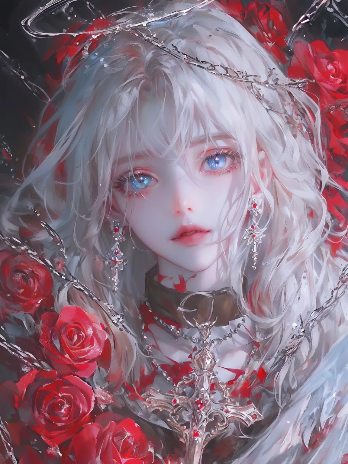 Blonde Girl，White hair，Red rose，necklace, Gu Weiss on pixiv artstation, Gu Weiss, Gu Weiss on artstation pixiv, artwork in the style of Gu Weiss, Gu Weiss masterpiece, Popular on artstation pixiv, Anime Art Wallpaper 4K, Anime Art Wallpaper 4K, Detailed digital anime，Beautiful and charming water blue eyes