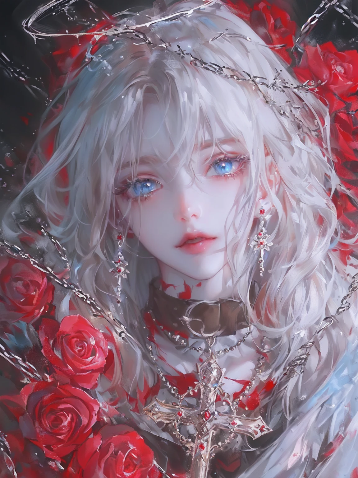 Blonde Girl,White hair,Red rose,necklace, Gu Weiss on pixiv artstation, Gu Weiss, Gu Weiss on artstation pixiv, artwork in the style of Gu Weiss, Gu Weiss masterpiece, Popular on artstation pixiv, Anime Art Wallpaper 4K, Anime Art Wallpaper 4K, Detailed digital anime,Beautiful and charming water blue eyes