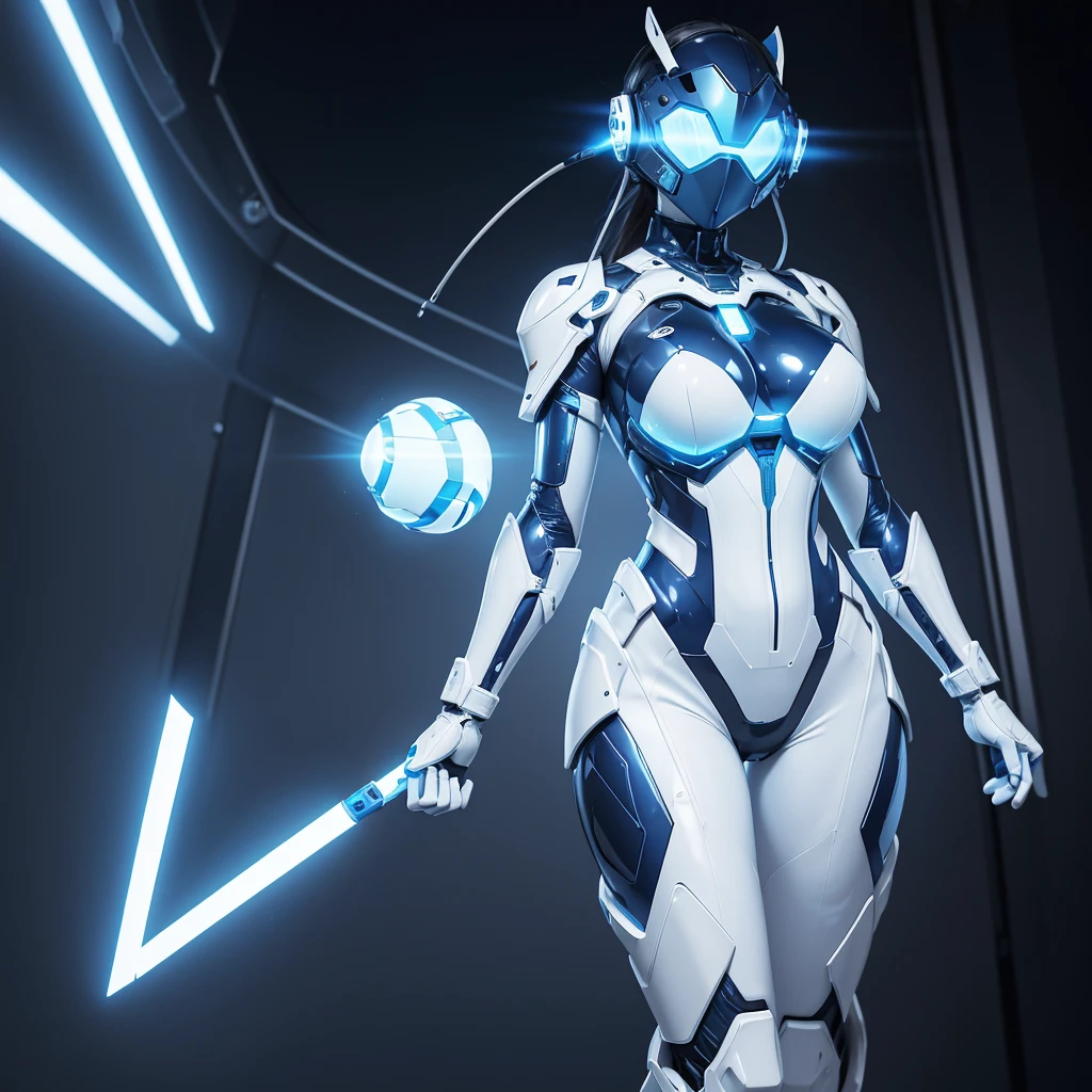 (masterpiece), (best quality), (high res) Solo, (perfect anatomy) Dronificated unknown woman in a fully (enclosed blue latex full body armor) (white LEDs across the suit) (white glowing core in the chest), (enclosed cyber helmet) that cover her whole face and hides her identity with a white screen, huge breast, narrow waist, wide hips and thick thigs, (no face) no face, no hair, no mouth, no eyes, in a lab