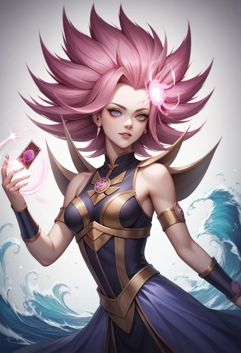 Anime inspired rendering, Realistic details, Expressive eyes, Rough texture, Shadow composition, Soft toned dramatic lighting,Yu-Gi-Oh art style,Void space,Card illustration,A 2D girl standing on a pink magic whirlwind launching magic waves,Epic feeling,Reasonable composition,whirlwind
