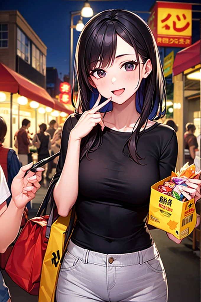 Vibrant night market. Woman wearing casual clothes, Carrying snacks, Her face is full of joy and satisfaction.