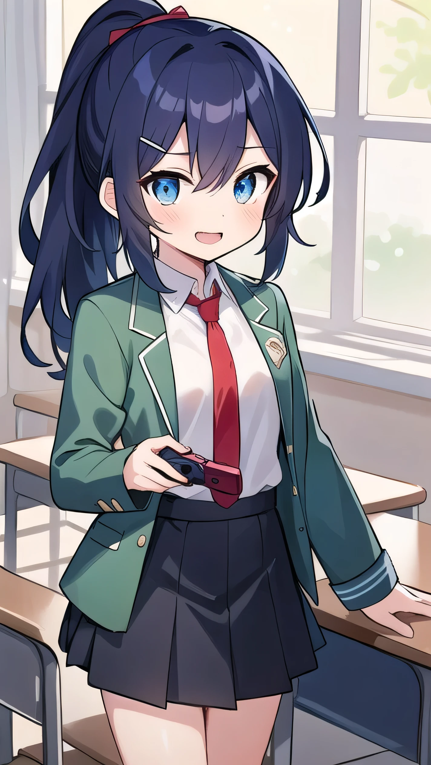 Blue-purple hair, dark blue eyes, long hair, ponytail, hairpin, ,small breasts,long-sleeved , classroom, middle school student, 14 years old, short, round eyes, sparkling eyes, owns a mobile game console, confident, a little laughing,, dark green jacket, white shirt, (red tie:1.5), black skirt