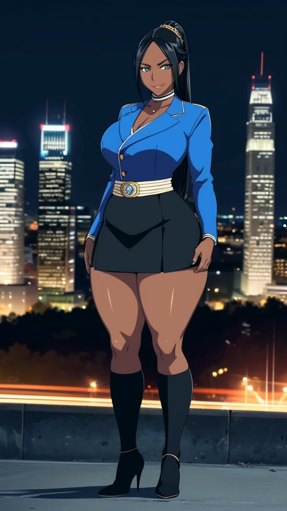 4K Quality, (sexy smile), (royal blue and black skirt), (black and blue shoes), standing up, (black and blue cornrows), (dark skinned), thick thighs, big breasted, big ass, looking at viewer, amber eyes, night time, full body, city background,