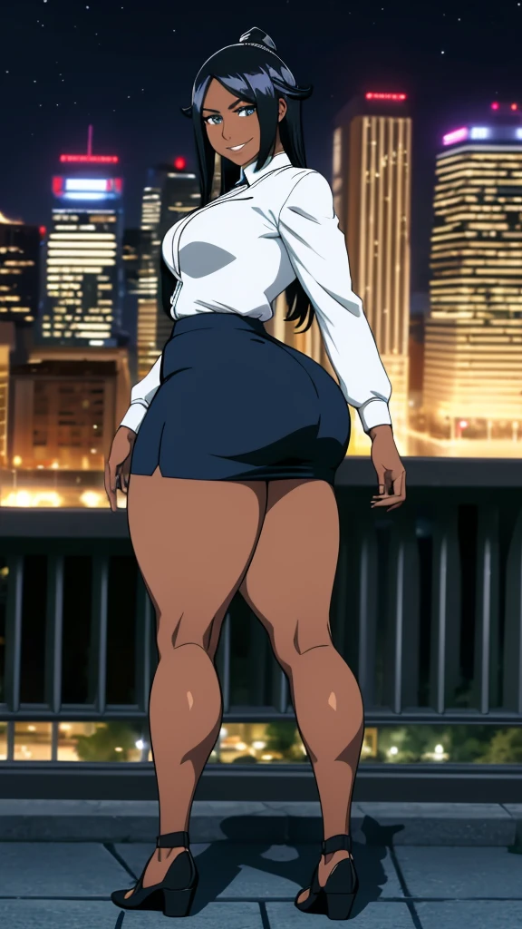 4K Quality, (sexy smile), (royal blue and black skirt), (black and blue shoes), standing up, (black and blue cornrows), (dark skinned), thick thighs, big breasted, big ass, looking at viewer, amber eyes, night time, full body, city background,