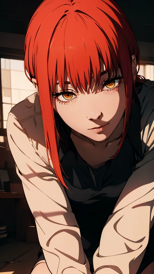 The character Makima from the anime series Chainsaw Man, fragile, full length (Full body 1.1.), dark background, darkness, Correct anatomy 1.1, correct hand anatomyVery sexy, erotica, very feminine, beautiful figure, legs, buttocks, Beautiful body, red hair, orange eyes, Red circles for schoolchildren, summer dress, sexy pose, realistic, very detailed, Beautiful body, detailed body, detailed hands, detailed, Vibrating, detailed Face, Makima character design. very detailed, detailed body, detailed hands, detailed Face, anime art, Hugh Details, Very downcast face, detailed eyes, Super thin illustration, best shadow, Fine detail, beautiful detailed glow, beautiful detailed, Extraordinarily beautiful, extremely detailed, inexpressive, epic composition, Anime style. anime art anime art, Anime style,