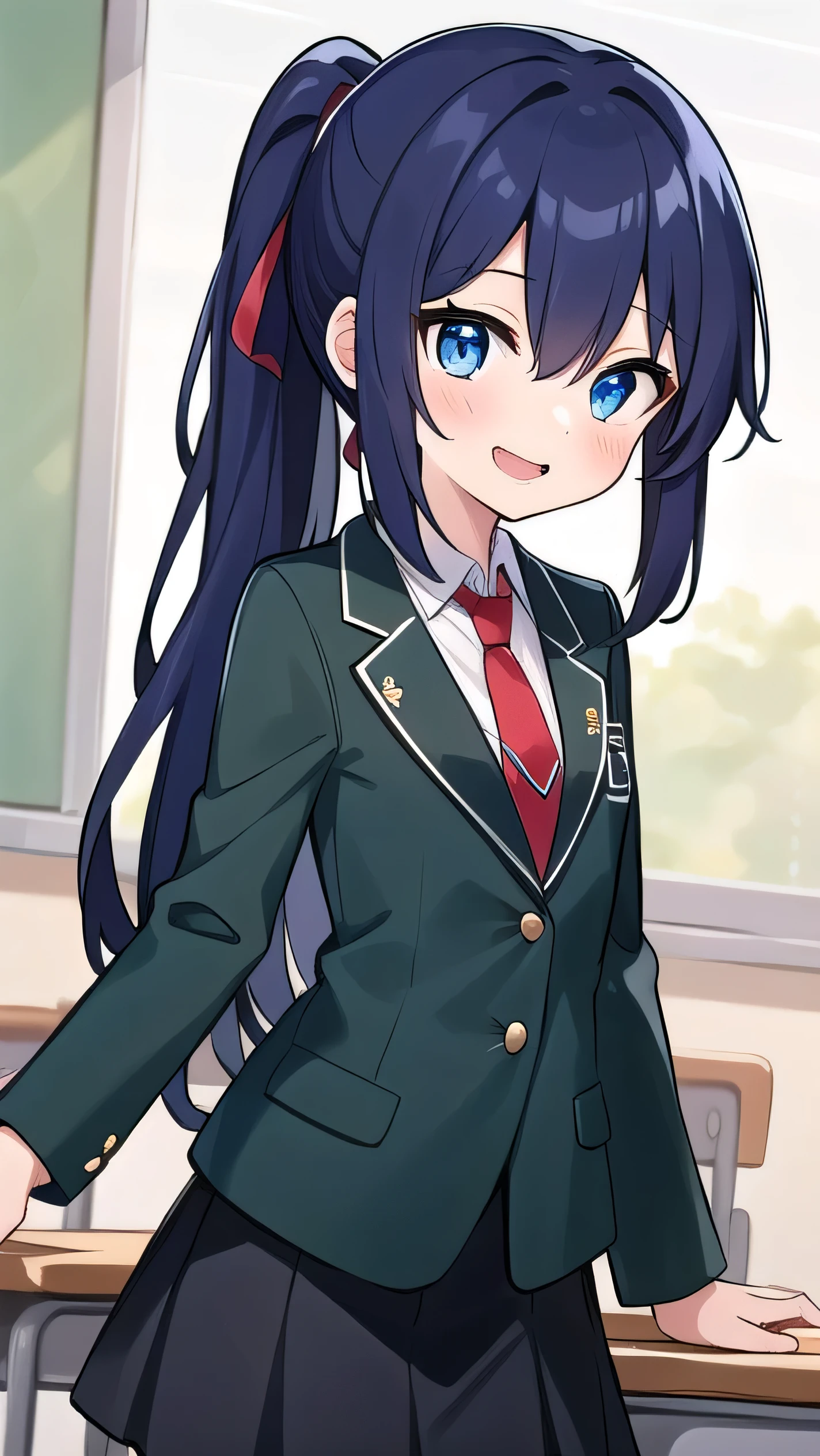 Blue-purple hair, dark blue eyes, long hair, ponytail, hairpin, ,small breasts,long-sleeved , classroom, middle school student, 14 years old, short, round eyes, sparkling eyes, owns a mobile game console, confident, a little laughing,, dark green jacket, white shirt, (red tie:1.5), black skirt