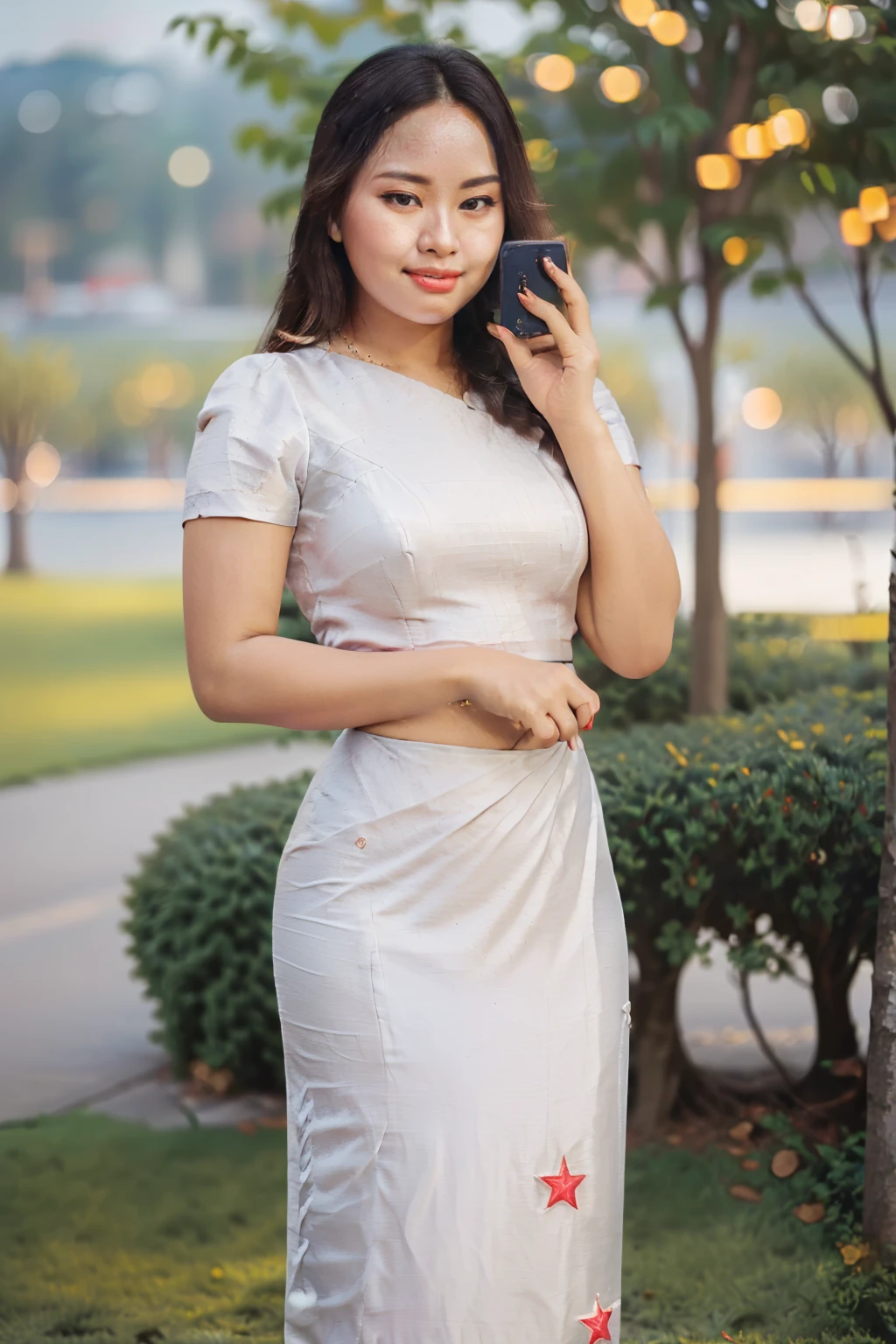 arafed asian woman in a satin dress standing in front of a crowd, (((full body view:2))), ((pretty lady MoonLay:1.2)), (pretty lady MoonLay), ((((pretty lady MoonLay's innocent cute face and cute small smile:1.3)))), ((stylish seductive pose for photography:1.5)), ((hand with smartphone:1.5)), ((wearing Myanmar traditional elegant and stylish affair:1.2)), ((super curvy and wide buttock)), ((white top dress:1.5)), ((red satin skirt:1.5)), ((blue sandal high heel)), south east asian with square face, traditional beauty, beautiful asian girl, anime thai girl, a young beautiful asian woman, (((photorealistic background))), ((in a beautiful park with vibrant colorful trees background:1.5)), ((cinematic star shaped bokeh background blur:1.7)), (((photorealistic cloudy evening sky with golden sunlight15))), (cinematic enhance HDR portrait glow lighting))), perfect anatomy, cannon mark v, DSLR quality, (perfect anatomy), (perfect toes), (perfect hands), (perfect smartphone),