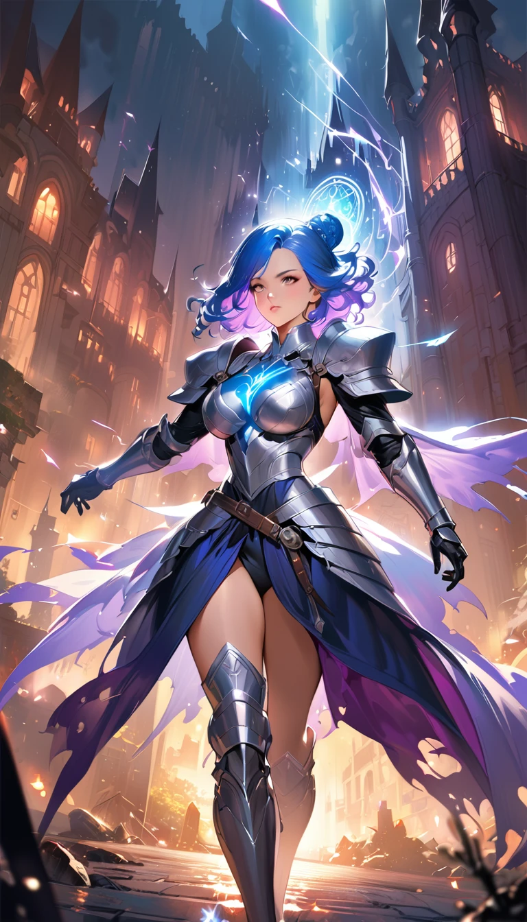best quality,4k,8k,highres,masterpiece:1.2),ultra-detailed, extremely detailed eyes, extremely detailed body, (large masterpiece digital art), (detailed manga illustration), (detailed line art), ((perfect anatomy)), (intricate details:1.3), (ultra-detailed:1.3), (illustration:1.3), (sharp focus:1.3), (natural lighting:1.05), (vivid colors:1.3), (masterpiece), best quality, expressive eyes, perfect face, 1 girl, breasts, gloves, large breasts, {blue hair}, medium hair, wavy hair, (gray eyes), hourglass physique, huge ass, dynamic pose, dynamic lighting, fur trim, hair bun, glowing, crystal, delicate\(armor\), armor, ((full armor)), cuisses, shoulder armor, belt, hand guard, boots, glove, particles stream, creationmagic, ethereal creation, Magic Circle, glowing, crystal, jim lee, beautiful esd_woman, hair bun, fur trim, jewelry, crystal, wild energy, cinematic lighting, heroic atmosphere, Beautiful woman, Atey Ghailan, Jeremy Mann, Greg Manchess, Antonio Moro, trend in ArtStation, trend in CGSociety, Intricate, High Detail, Sharp focus, dramatic and photorealistic painting art by Midjourney and Greg Rutkowski, Marvel Cinematic Universe style, (((mystical gothic castle in the background))),