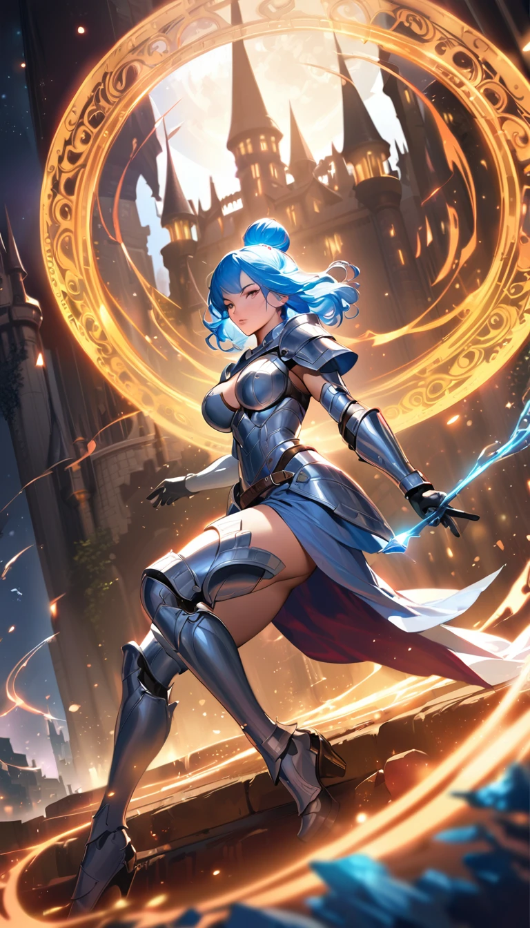 best quality,4k,8k,highres,masterpiece:1.2),ultra-detailed, extremely detailed eyes, extremely detailed body, (large masterpiece digital art), (detailed manga illustration), (detailed line art), ((perfect anatomy)), (intricate details:1.3), (ultra-detailed:1.3), (illustration:1.3), (sharp focus:1.3), (natural lighting:1.05), (vivid colors:1.3), (masterpiece), best quality, expressive eyes, perfect face, 1 girl, breasts, gloves, large breasts, {blue hair}, medium hair, wavy hair, (gray eyes), hourglass physique, huge ass, dynamic pose, dynamic lighting, fur trim, hair bun, glowing, crystal, delicate\(armor\), armor, ((full armor)), cuisses, shoulder armor, belt, hand guard, boots, glove, particles stream, creationmagic, ethereal creation, Magic Circle, glowing, crystal, jim lee, beautiful esd_woman, hair bun, fur trim, jewelry, crystal, wild energy, cinematic lighting, heroic atmosphere, Beautiful woman, Atey Ghailan, Jeremy Mann, Greg Manchess, Antonio Moro, trend in ArtStation, trend in CGSociety, Intricate, High Detail, Sharp focus, dramatic and photorealistic painting art by Midjourney and Greg Rutkowski, Marvel Cinematic Universe style, (((mystical gothic castle in the background))),