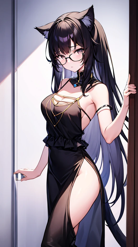 A 20-year-old cat girl with long black hair, gray eyes, cat ears and a cat tail, wears glasses, black  long dresses sexy, sleeveless, standing, looking