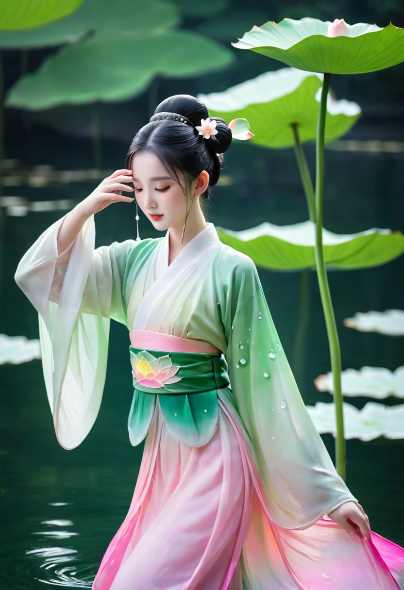 夏日Lotus仙子,Lotus,Chiffon Hanfu,Pink Green Gradient Skirt,Water spirit skin,Skin details,Lotus上的水滴,Double bun head,Little Girl,Ancient costume beauty,头饰是Lotus,dream,Shiny,Front view 1.2,Keep your eyes wide open,Water Drops