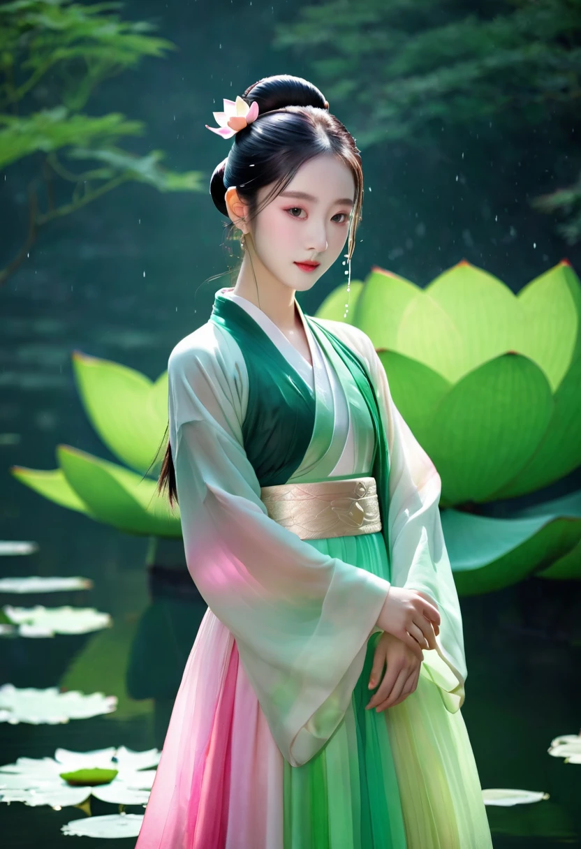 夏日Lotus仙子,Lotus,Chiffon Hanfu,Pink Green Gradient Skirt,Water spirit skin,Skin details,Lotus上的水滴,Double bun head,Little Girl,Ancient costume beauty,头饰是Lotus,dream,Shiny,Front view 1.2,Keep your eyes wide open,Water Drops