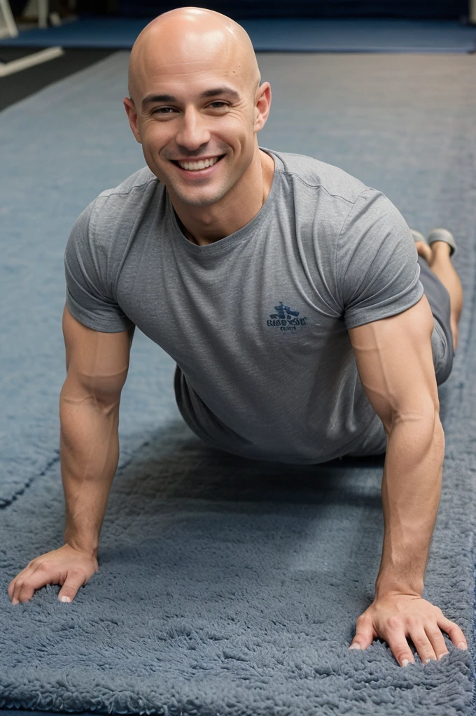 ((8k ((best quality)), ((masterpiece)), (very detailed), real face bald male muscular male full body wear grey shirt doing push ups on blue carpet smiling