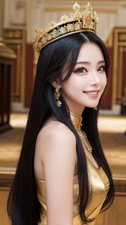 Beauty,((masterpiece)),((Highest quality)),((8K)),((Ultra high definition)),((high resolution)),((detailed)),((Perfect body)),((Perfect Face)),Beauty、Shiny Hair、Slanted Eyes、((Very heavy makeup:1.2))、Glowing Skin、Very white skin、Glowing Skin、Jet Black Hair、Long Hair、Very long black hair、Beautiful and detailed、smile、21 years old、((エジプトのView of the Royal Palace:1.3))、View of the Royal Palace、Concubine、((王Concubineの髪飾り))、((Royal Palace of Egypt))、王Concubine、gold、Royal Bedroom、sexy、((エジプト王Concubineのgoldの衣装))、((Angle of view that allows you to see the whole body))