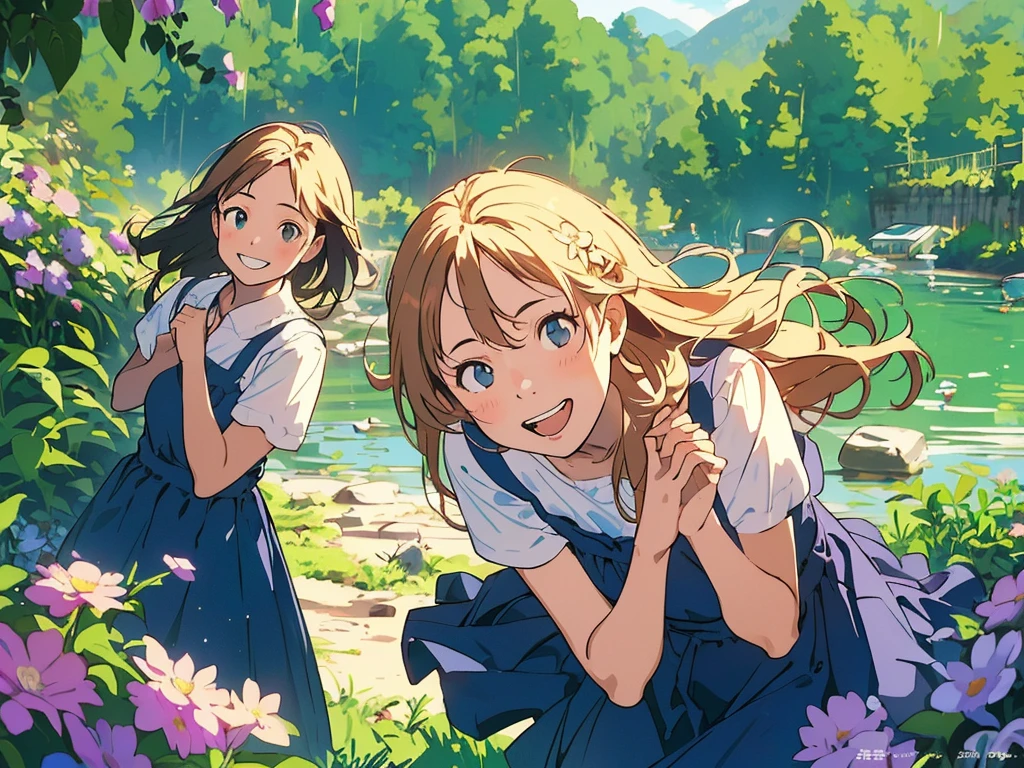 Reasonable design, Clear lines, High Sharpness, (Highest quality,8K,Perfect sharpness,Ultra fine,High resolution,masterpiece:1.2), Perfect Anatomy:1.5, Official Art, Illustrations that tell a story, (Whitish background:0. 9)、Body Positivity、多Mr.な身体表現、(Random and energetic poses)、Perfect beauty、Perfect beautiful face、Strong winds、A rich expression、Dynamic composition、smile、Golden ratio composition、colorful、((Mr.々Different angles and perspectives))、Anime Art、(Mini dress)、(Overcoming stereotypes)、 Glowing Skin、(Natural beauty)、smile、Bangs、(Soft and flowing hair)、(countryside)、(Nostalgic atmosphere)、Put up to your feet、(Playful and carefree)、(多Mr.な民族のキャラクター)、(innocent attitude)、(Sunny atmosphere)、(The skirt flutters wildly in the wind)、(Bright colors)、Beautiful Eyes、(Embarrassing)、Braided Hair、Summer Scene、Smiling among flowers、Angle from above、