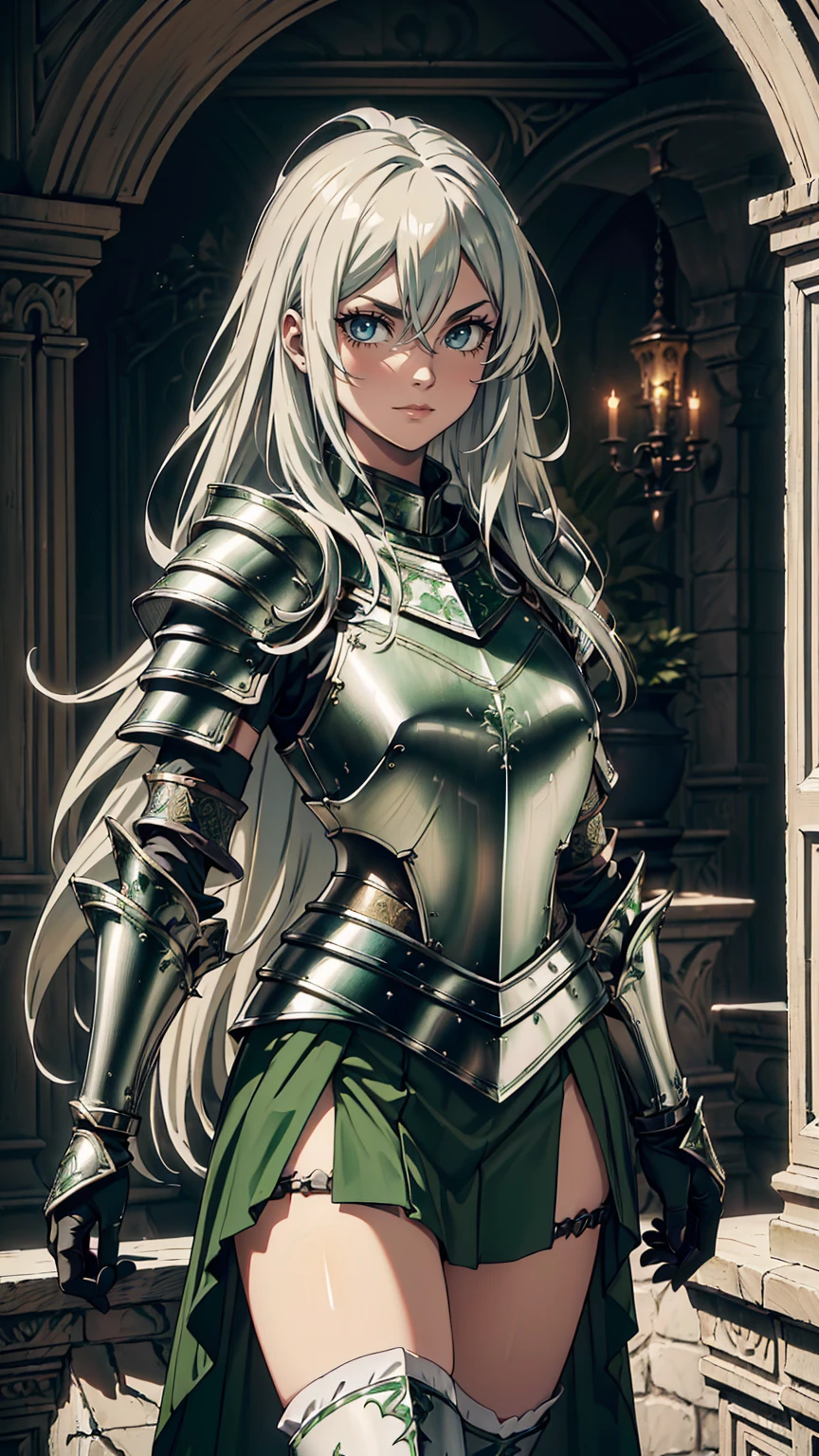 最high quality、Ultra High Definition, Ultra High Quality, Hyper Definition, Hyper Quality, Hyper Detailed, Extremely Detailed, Perfectly Detailed, Best image quality、masterpiece、woman((20-year-old、super dynamic pose , legs bent at the knees, Green solid eyes, Silver long Hair、Disheveled Hair、Long White Hair、thin, Glove、Green Skirt, Noble Armor, Smirk、Detailed Cuirass , Dressed in Full Coverage Noble Plate Armor)),high quality、Beautiful art、background((Inside the mansion))、Written boundary depth、 movie、Visual Arts、Perfect art、8K,Genuine、