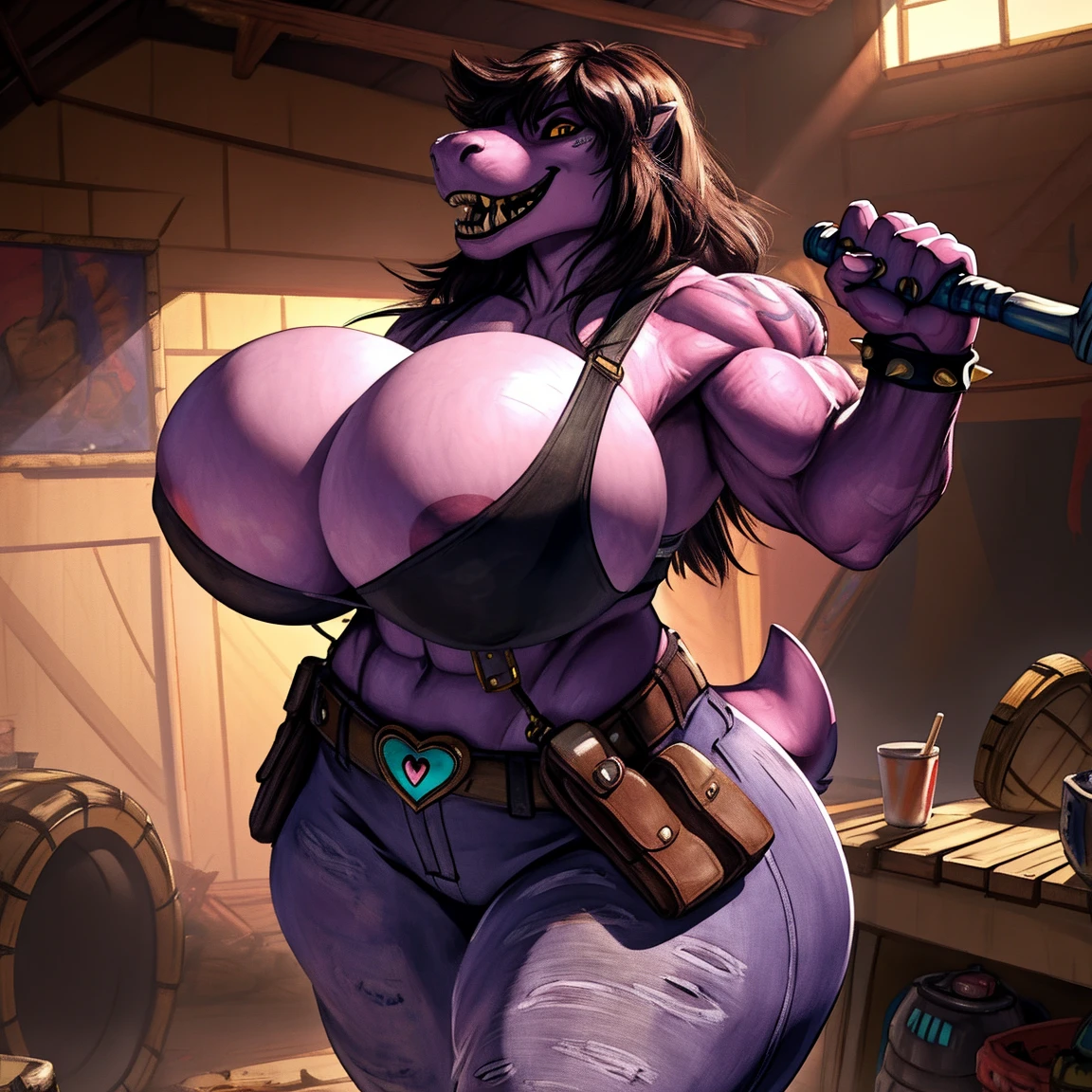 (Solo:1.2), susie deltarune, smooth skin, 1girl, (female:1.5), susie, reptilian, dark hair, messy hair, yellow eyes, muscular, chunky, stocky, thickset, (huge breasts:1.2), cleavage, broad shoulders, wide hips, huge ass, short tail, (nipple outline:0.85), thick legs, bare midriff, abs, muscular thighs, standing upright, casual posture, (laughing), hands at her sides, dirty tank top, spiked bracelets, jeans, (heart shaped gold belt buckle:1.2), looking at viewer, yellow teeth, uploaded to e621.net, masterpiece, 8k, realistic textures, realistic lighting, highly detailed, (tool belt:1.5), mechanic, indoors, garage, workshop, cars in background, by darkgem, by BNG, large pumpin herself up huge overfilled round breast_implant, riesiger Bergfried_inflatable_Extremely_like an airship_Breast Massive Muscle blows her huge overfilled round breast_implants like a blimp hyper muscles hose coming out of it's mouth , intimidating