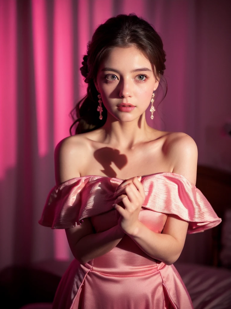 Best Quality, Masterpiece, Ultra High Resolution, (Realisticity: 1.4), Original Photo, 1girl, Pink Off-the-Shoulder, Cinematic Lighting