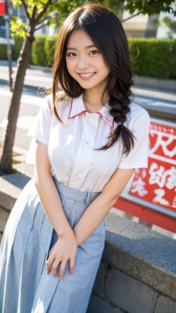 Raw photo、Ultra-realistic、Ultra detailed face、Detail lips、Detailed eyes、High school girl smiling showing her teeth、Long Hair:1.1、chest、Visible curves、Laughing with your mouth open 、Tokyo city角、 Whole body、( Slender body)、(Long Hair)、Big Breasts、Idol、(pastel colour)、18-year-old、Small face、Braid、 Tokyo city、Long beautiful legs 1.2、Curved waist、flower、uniform、blouse