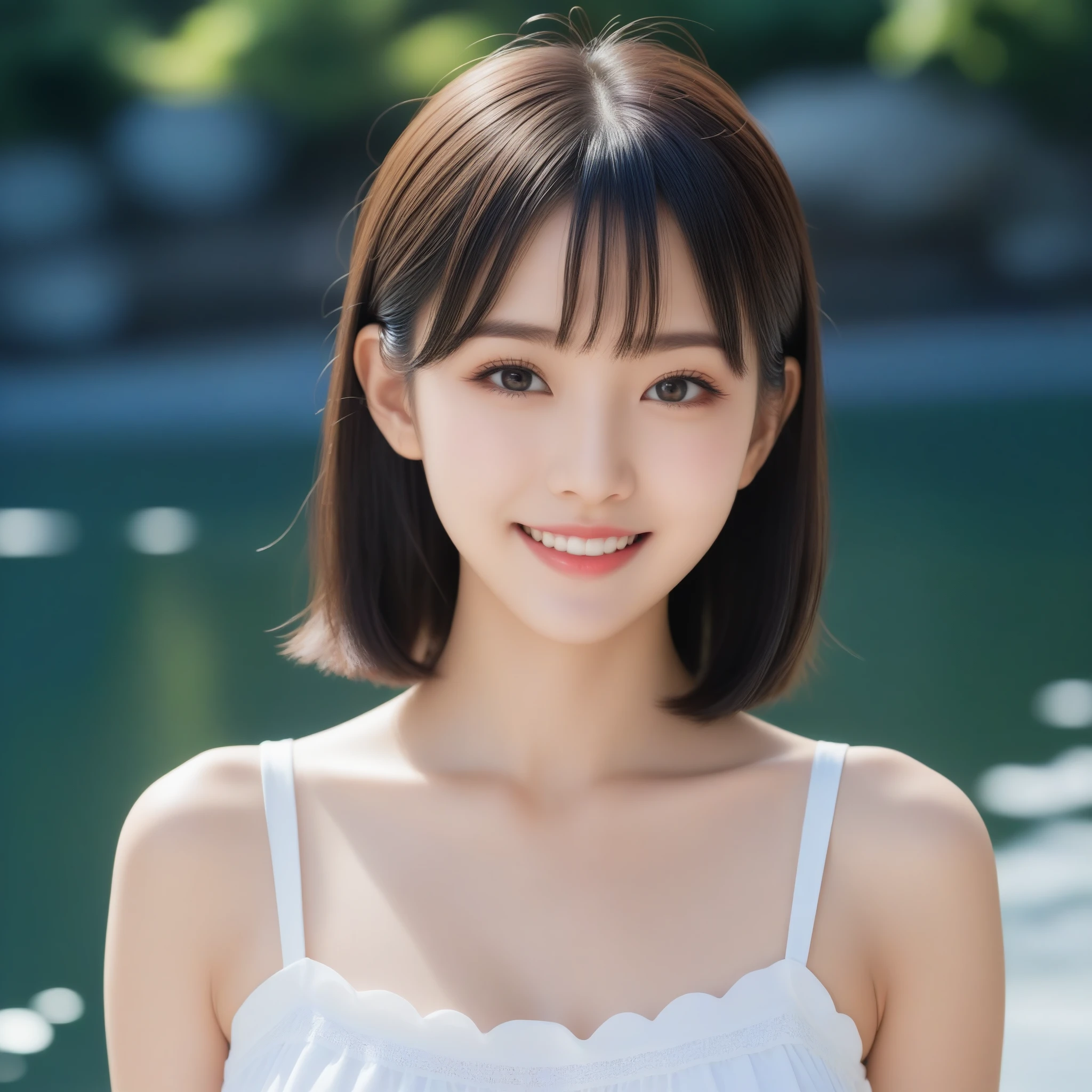 8K, Ultra-high resolution, Highest quality, masterpiece, 三分割法によるphotograph,Surreal, photograph, 1 girl, (16 years old:1.3), pretty girl, Cute face, Beautiful eyes in every detail, 細かくdetailedに,masterpiece,, One Girl:1.2, Japan Female Announcer,whole body、Black Hair、well-groomed eyebrows、Cute Lip Makeup、Urban area,Water Play,summer,Sparkling sunlight,Tank top,Cute gestures、so beautiful,A carefree smile,Healing the heart,blunt bangs,Looking at the audience、beauty,Long neck、Laugh a little、Please close your mouth and laugh、(((Ideal body type))),A-cup small breasts :2,、Portraiture:2、Perfect Anatomy、鮮明なdetailed、detailed、Surreal、Light and shadow,Strong light