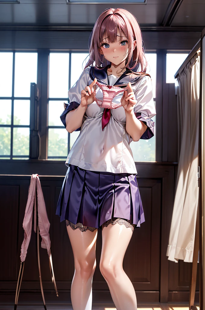 (((masterpiece, Highest quality, High resolution, 超High resolution, Pixel perfect, Written boundary depth, 4K, RTTX10.0))), Beautiful Anime Women, Beautiful art style, Anime characters, ((Smooth texture, Realistic texture, Anime CG Style)), Exact finger count、Exact number of legs、(Exact number of arms:1.0, Exact number of hands:1.0), (Perfect hands, Perfect Anatomy), Cinematic, Realistic, Highly detailed CG, Daytime lighting, Perfect lighting, Best Shadow, The best natural light, whole body, Perfectly balanced style, Perfectly balanced body, (Slender body:1.1), whole body, ((Cute woman standing、She is showing her panties in her hands:1.3)), (Fashionable white shirt, Sailor collar, Knee-high socks, loafers, Navy pleated mini skirt:1.3), ((Sexy and cute panties, (Stylish shiny satin pink panties:1.2), Lace panties:1):1.3), (Beautiful and very large breasts:1.2), (Feeling embarrassed, (blush:1.2), (Embarrassed expression:1.5), (In the school classroom:1.5), Angle from the front, holding panties, Panties as a gift、((I can see the pussy、、、Angle from below)), ((upskirt)),