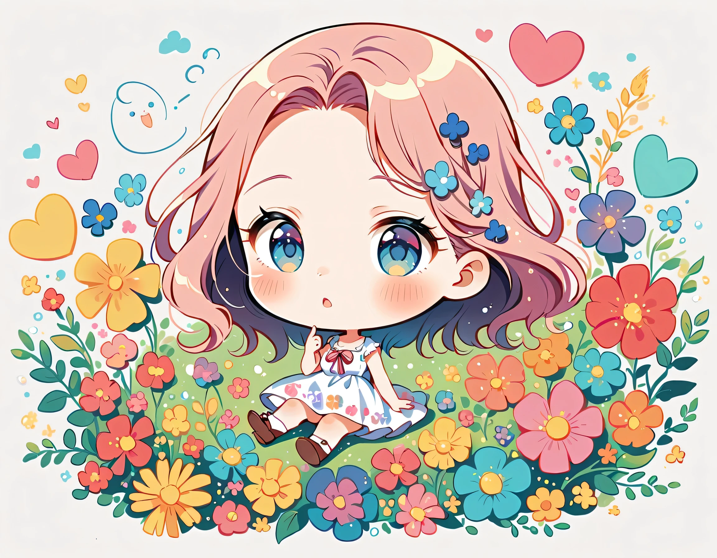 Watase Seizo style、The most beautiful girl of all time、Lips in Love、Colorful flowers、colorful hearts, Simple line initials、Abstract art、(((chibi))), Cute and colorful amoeba