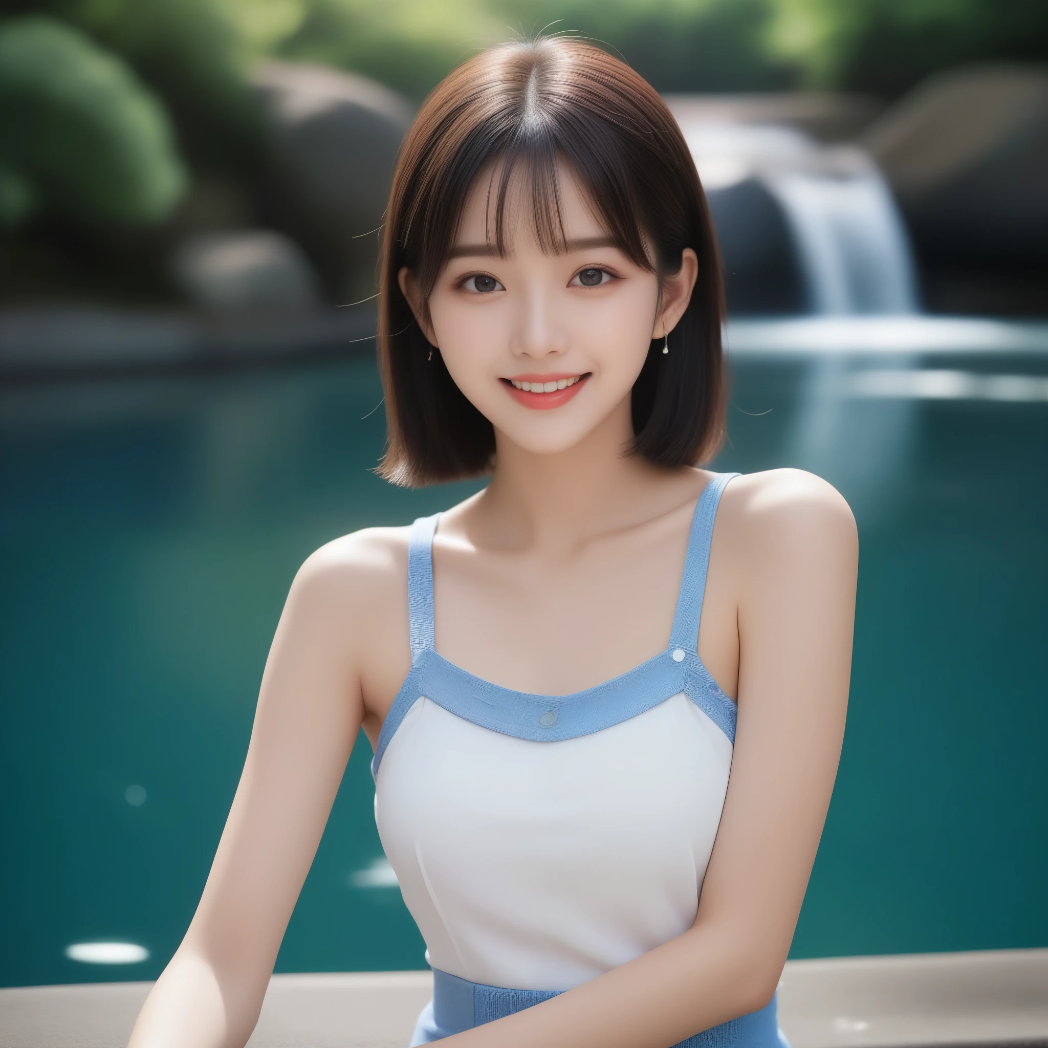 8K, Ultra-high resolution, Highest quality, masterpiece, 三分割法によるphotograph,Surreal, photograph, 1 girl, (16 years old:1.3), pretty girl, Cute face, Beautiful eyes in every detail, 細かくdetailedに,masterpiece,, One Girl:1.2, Japan Female Announcer,whole body、Black Hair、well-groomed eyebrows、Cute Lip Makeup、Urban area,Water Play,summer,Sparkling sunlight,Tank top,Cute gestures、so beautiful,A carefree smile,Healing the heart,blunt bangs,Looking at the audience、beauty,Long neck、Laugh a little、Please close your mouth and laugh、(((Ideal body type))),A-cup small breasts :2,、Portraiture:2、Perfect Anatomy、鮮明なdetailed、detailed、Surreal、Light and shadow,Strong light