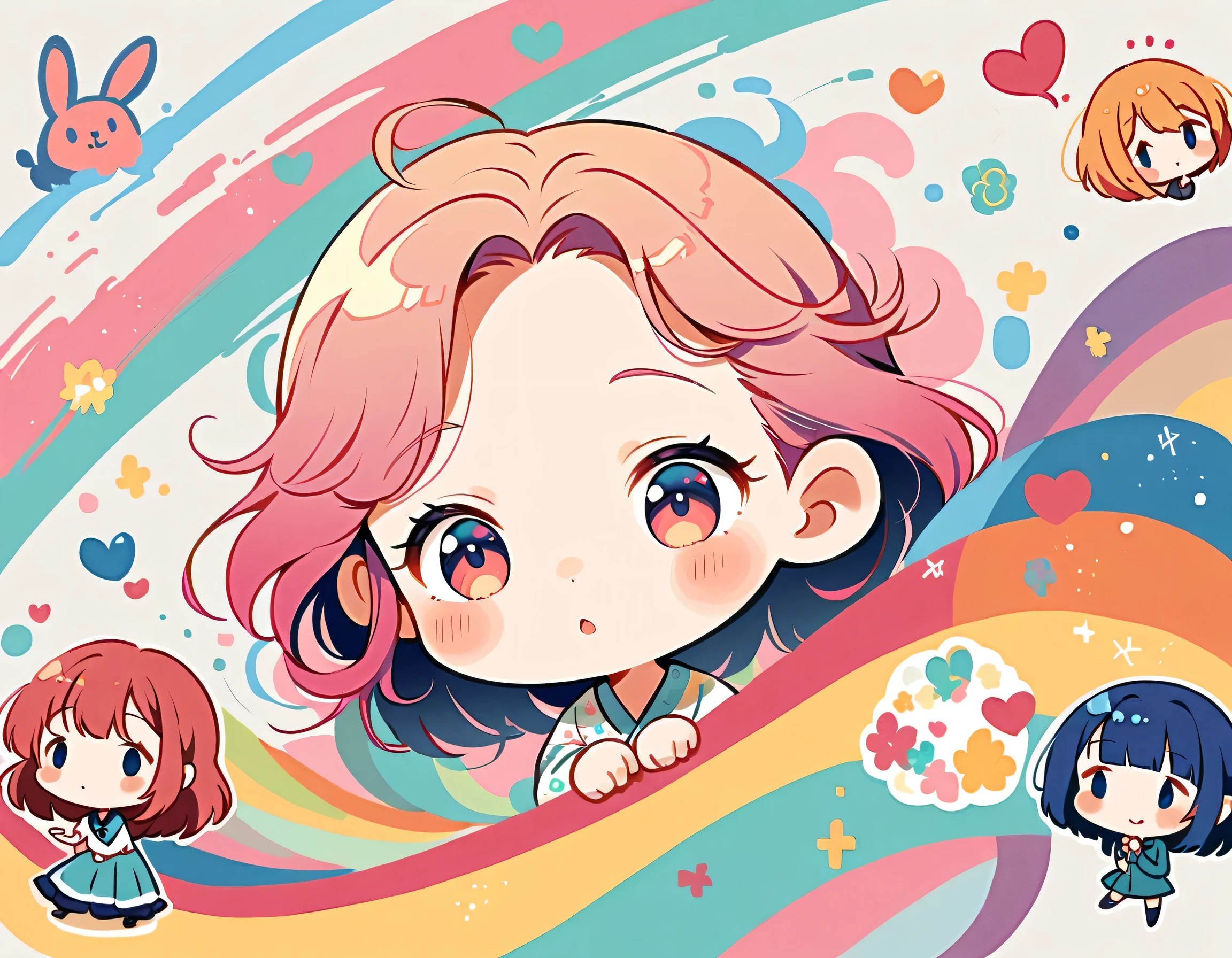 Watase Seizo style、The most beautiful girl of all time、Lips in Love、Colorful flowers、colorful hearts, Simple line initials、Abstract art、(((chibi))), Cute and colorful amoeba