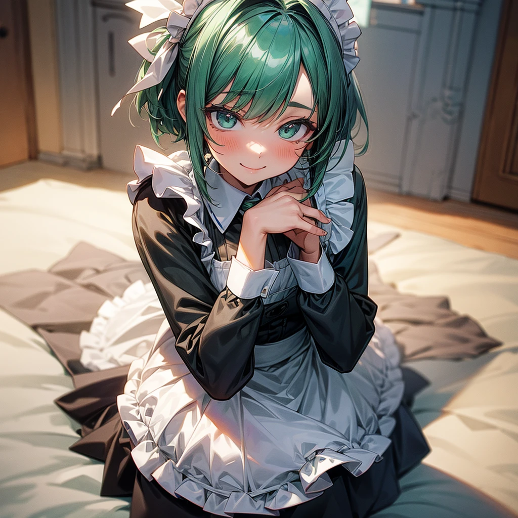 1girl, green hair, short hair, maid uniform, decolte, blush, smile, hands on chest, mansion on background