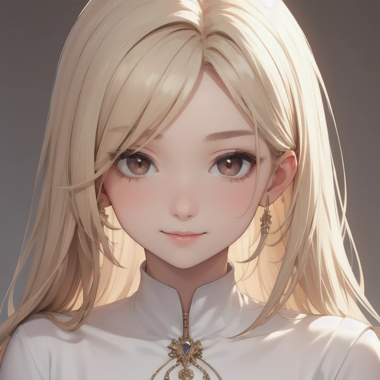 masterpiece, best quality,facing viewer, upper body,middle age female,Greek goddess's demeanor, melon seed face, ((slender eyes)), mole under eye,brown eyeballs, thin lips, blonde hair, very long hair, closed mouth and smile,40 year old, self-portrait, Simple background,white dress