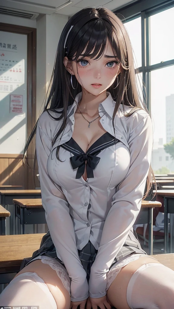 (masterpiece: 1.3), (Maximum resolution: 1.2), (Ultra High Definition TV: 1.2), Cinematic Light, 8K resolution, Detailed facial features , (Sharp focus: 1.2), (Focus on the face:1.2),Perfect Style, Beautiful Face, Acura, Anatomically correct, Highly detailed face and skin texture, Beautiful Eyes,Beautiful Eyes, Thin eyebrows, Glitter Eyeliner: 1 Natural Cheeks, Glowing Skin, Fair skin: 1.2, (Glossy Lips: 1.4),、 (Embarrassed look: 1.2),Highly detailed face and skin texture, Natural Cheeks, , Glossy Lips: 1.4,Perfect Style、Cleavage、Soft Breasts、(White mucus on chest:1.4)(White mucus on thighs:1.2)、 blush、A humiliating look、Anxious expression、A look of humiliation、Embarrassed look、Glare、anger、sorrow、tears、Open your knees、Spread your legs、 White underwear、Sparkly little earrings and necklace、Disheveled clothes、White panties、sweating、Thin underwear、stockings、Year: 18-year-old, A clean-cut woman,1 person、 Upward-facing chest, Black brown hair、blonde、Silver Hair、Blue-gray eyes、Greenish-gray eyes、night classroom、(High School Uniform:1.2)、masturbation behavior、Masturbation、