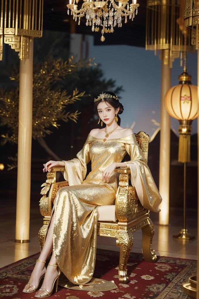 (((best quality))),(((ultra detailed))),(((masterpiece))),illustration,1 girl,solo,slim,thin,shoulder length straight bob hair,earrings,necklace,small breasts,flat chest,slender legs,high heels,Asian appearance,princess,royal,Chinese palace,night scene,magnificent dragon gown,golden crown,intricate embroidery,luxurious fabric,precious stones,(sitting on the metallic throne:1.3),decorative patterns,rich decorations,luxurious furnishings,regal charm,beautiful face,gentle smile,bright eyes,historical,traditional,city lights,modernity,frozen moment,beauty of the past,evolution of time,from front,full body,Hands on both sides