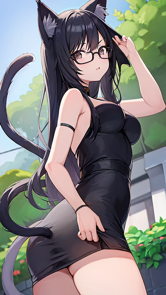 A 20-year-old cat girl with long black hair, gray eyes, cat ears and a cat tail, wears glasses, black  long dresses sexy, sleeveless, standing, looking