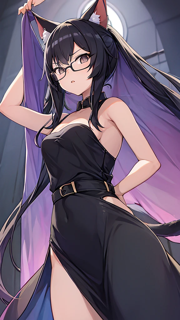 A 20-year-old cat girl with long black hair, gray eyes, cat ears and a cat tail, wears glasses, black  long dresses sexy, sleeveless, standing, looking