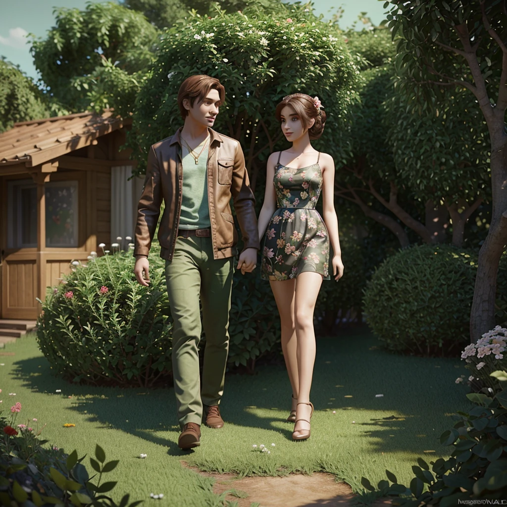 A young man and woman, dresses with leaves, surrounded by bushes, flowers and trees, 3D animation in Disney Pixar style, animated dolls, Cartoon