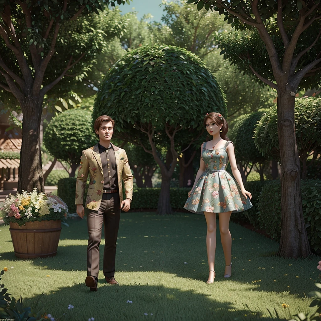 A young man and woman, dresses with leaves, surrounded by bushes, flowers and trees, 3D animation in Disney Pixar style, animated dolls, Cartoon