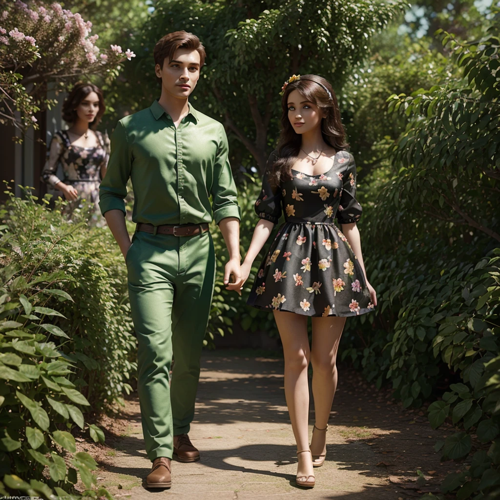 A young man and woman, dresses with leaves, surrounded by bushes, flowers and trees, 3D animation in Disney Pixar style, animated dolls, Cartoon