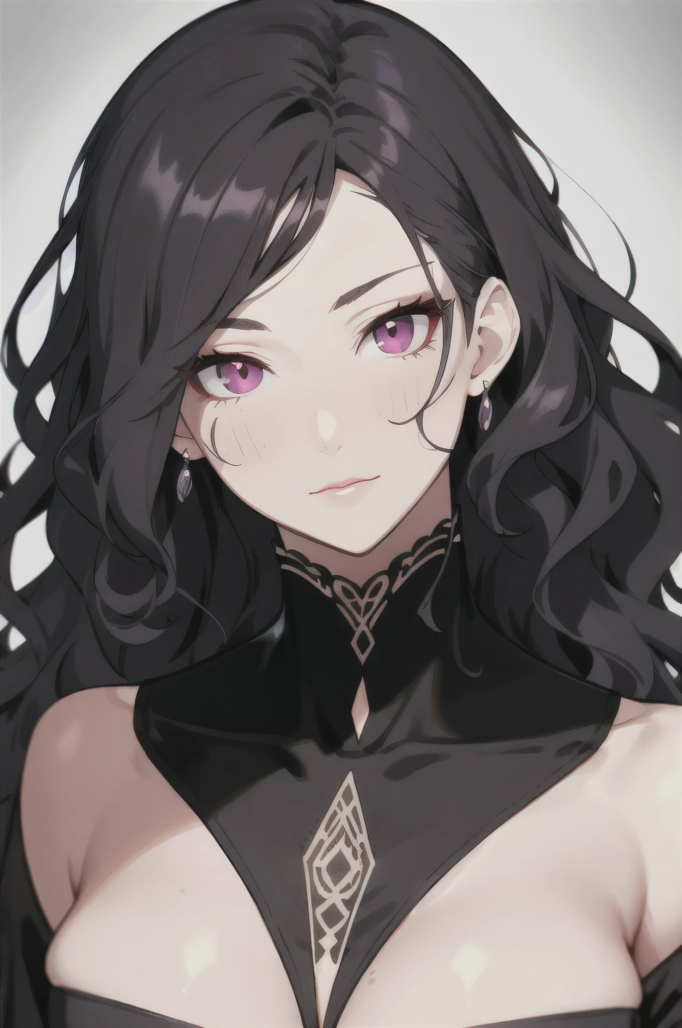 woman on the catwalk at a fashion show,detailed face, intricate eyes, skin pores,detailed face, red purple eyes, black wavy hair, skin pores,black longsleeve suit,