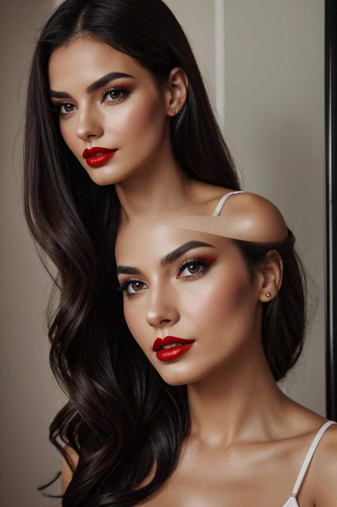 Create image of a woman with dark hair and red lips