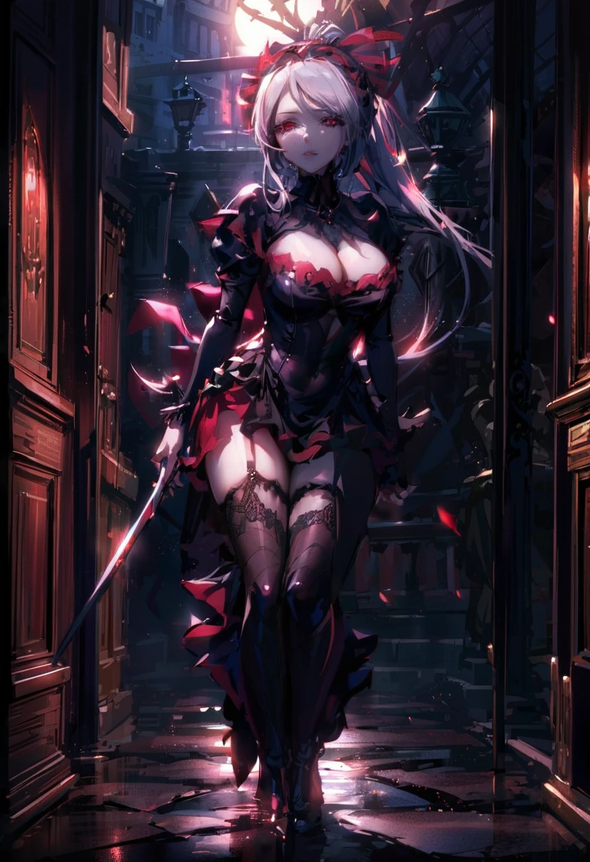 Shalltear Bloodfallen, the royal beauty, stands poised in the shadows of a medieval city's cobblestone streets, her silver hair styled in a ponytail, framing her luminous features. Her bright red eyes gleam like rubies amidst the dark canvas, as she dons an evening dress of black silk and lace, its gothic skirt fluttering in the faint breeze. A ribbon adorned with intricate lace wraps around her torso, securing a medium-short jacket that accentuates her curves. Long lace gloves cover her arms, leaving little to the imagination, while her generous D-cup breasts seem to defy gravity beneath the flowing fabric. The bloody moon casts a crimson glow over the scene, casting long shadows and bathing Shalltear in an otherworldly light.