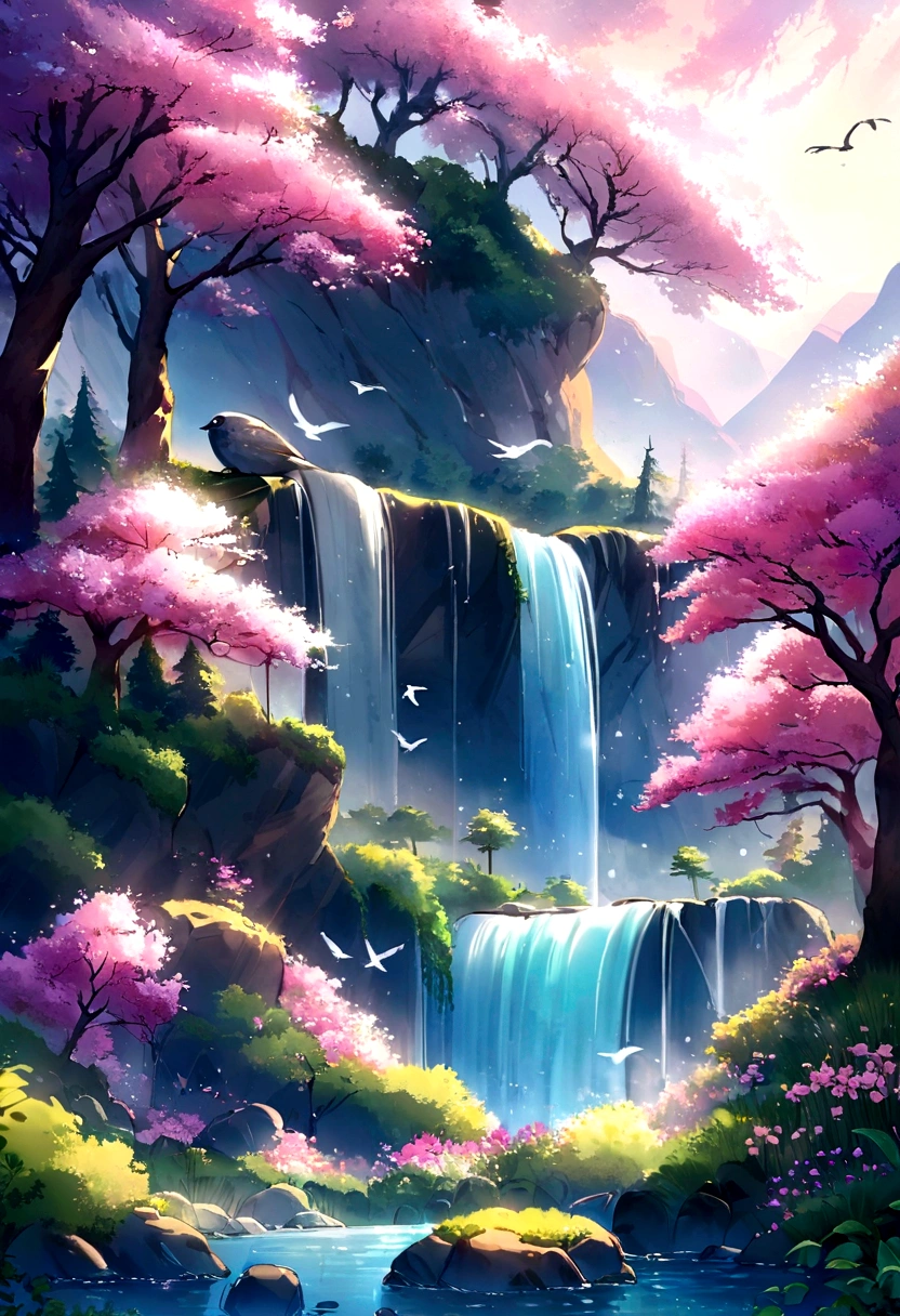 A beautiful landscape featuring a blooming tree with pink flowers on rocky terrain. The scene includes a waterfall cascading down from the rocks, surrounded by lush greenery and wildflowers. Pine trees are visible in the background, with birds flying in the sky. The style is artistic and slightly abstract, with ink-like drips and a soft, dreamy atmosphere, สำหรับการออกแบบเสื้อยืดสีขาว, rzminjourney, เวกเตอร์ศิลปะ