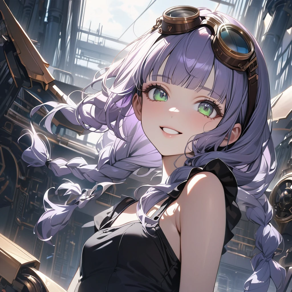 (Cute a girl:1.5), (masterpiece:1.3), anime visual, (a gril with semi long twin braids wavy hair, pale purple blunt bangs hair, dark green eyes,smiling:1.3), (tilt head:1.3), extremely delicate face, realistic lighting and shading, (exceptional, best aesthetic, new, newest, best quality, extremely detailed, :1.2),8k, white theme, blue theme,
a girl is wearing A suit with mechanical wings, A black tank top,Steampunk goggles, wristbands,small breast, She is flying over the sky on a steampunk factory, light coming from behind her, look at viewer, morning lit,