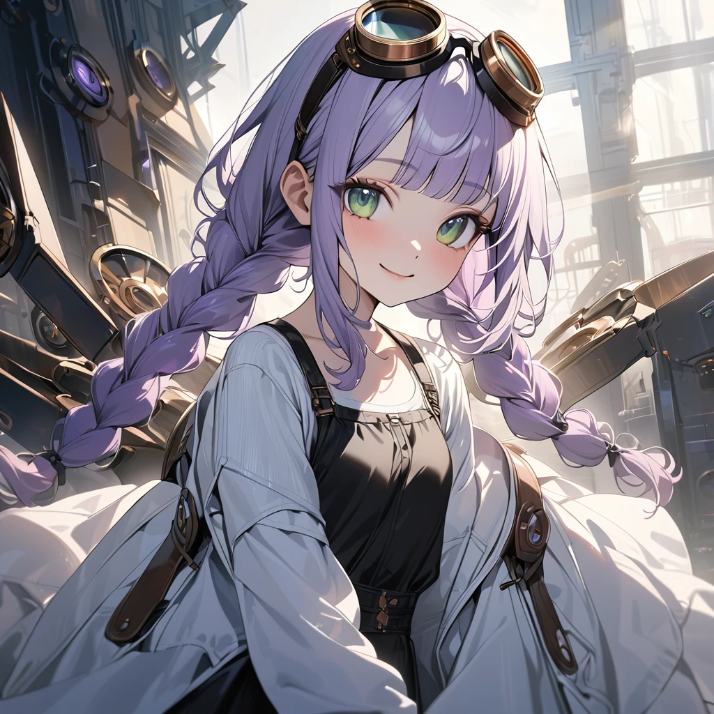(Cute a girl:1.5), (masterpiece:1.3), anime visual, (a gril with semi long twin braids wavy hair, pale purple blunt bangs hair, dark green eyes,smiling:1.3), (tilt head:1.3), extremely delicate face, realistic lighting and shading, (exceptional, best aesthetic, new, newest, best quality, extremely detailed, :1.2),8k, white theme, blue theme,
a girl is wearing A suit with mechanical wings, A black tank top,Steampunk goggles, wristbands,small breast, She is flying over the sky on a steampunk factory, light coming from behind her, look at viewer, morning lit,